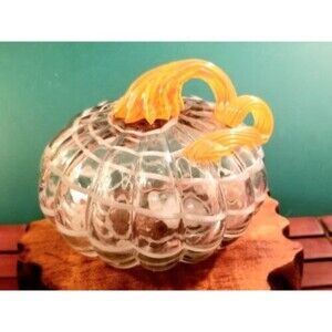 Hand Blown Art Glass Harvest Pumpkin 4" High 5.5" Diameter